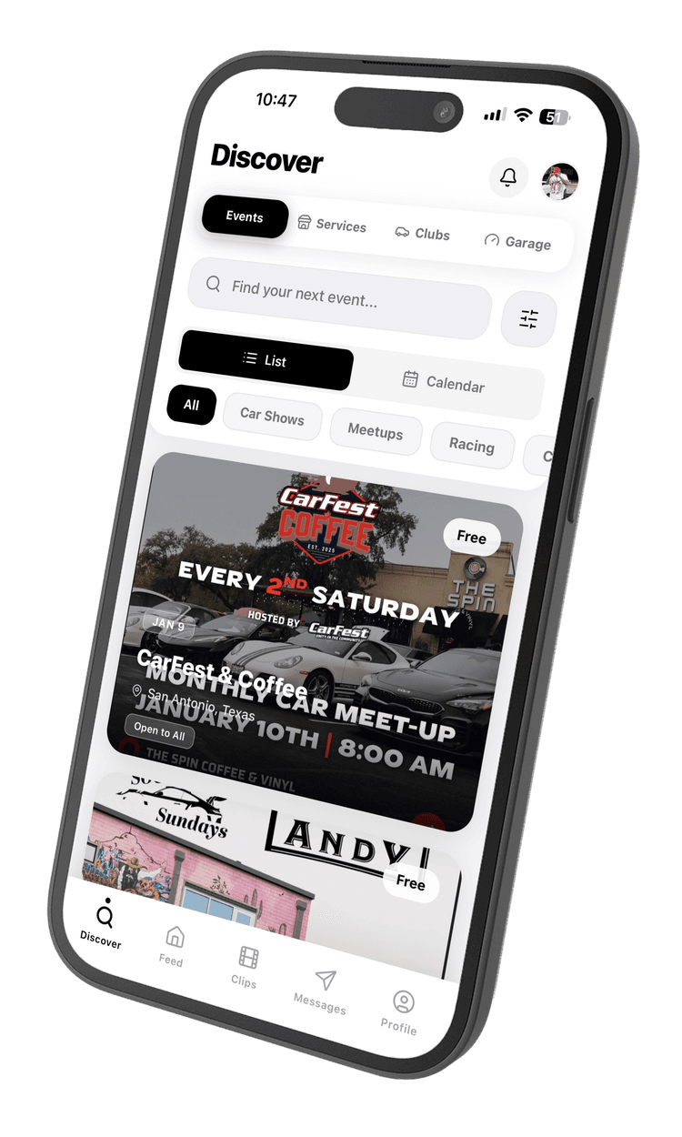 Auto Meet app preview showing automotive community screens